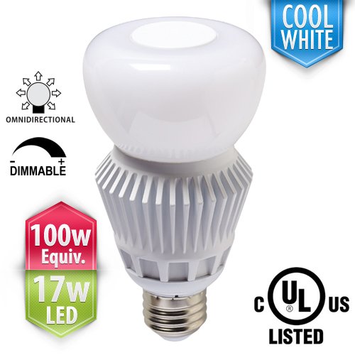 PacLights 100w Replacement, 17-watt Dimmable LED, Cool White Omnidirectional Omni100 Light Bulb, 1800 lumens, E26 Medium Base A21, UL Listed