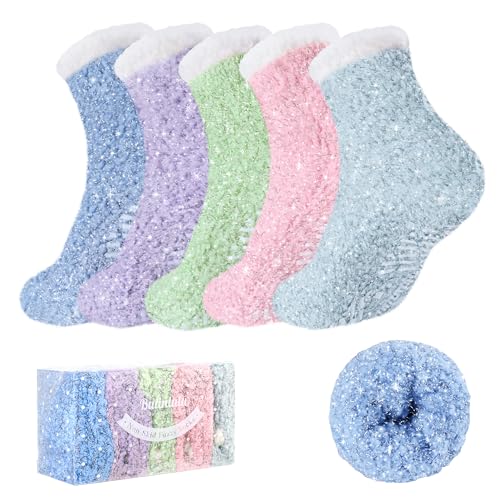 Image of Bulinlulu Fuzzy Socks With Grips for Women, 5 Pairs Non Slip Sleep Warm Fluffy Slipper Socks Gifts for Women