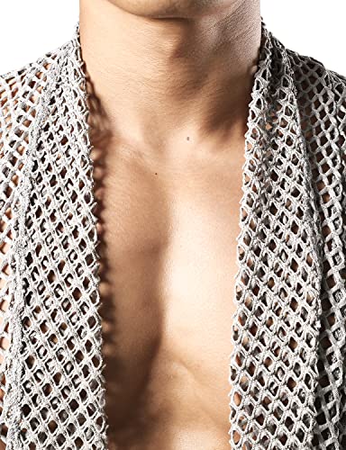 JOGAL Men's Mesh Fishnet Fitted Muscle Cardigan Large WG05 Grey - image 4