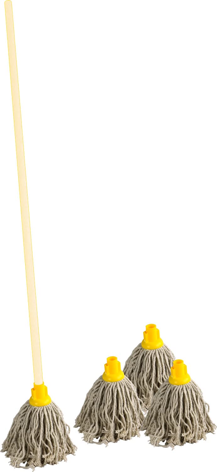 Sterling Ventures Cotton String Mop Head Set of 3 Plus 1 EXTRA MOP FREE (PY14 - Yellow) With Wooden Long Handle 120cm Replacement Heads for Home Indoor & Outdoor Domestic and Commercial Cleaning
