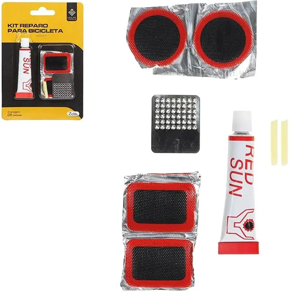 Kit Reparo Para Bicicleta Bike Pneu Câmara de Ar 8 Peças Com Remendos Frio Cola e Lixa Concerto