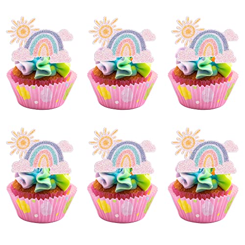 Gyufise 24 Pcs Rainbow Clouds Cupcake Toppers - Glitter Sun Rainbow Cupcake Picks for Boys & Girls - Baby Shower & Birthday Party Decorations