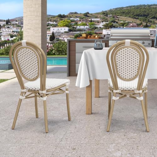 Image of PURPLE LEAF Patio Dining Chair Set of 2 Outdoor French Aluminium Frame in Champagne Finish with White & Gray Woven Rattan for Indoor Kitchen Deck Bistros Cafe Restaurant