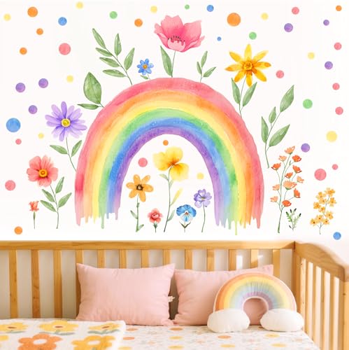Watercolor Rainbow Wall Stickers Flower Wall Decal for Girls Room Removable