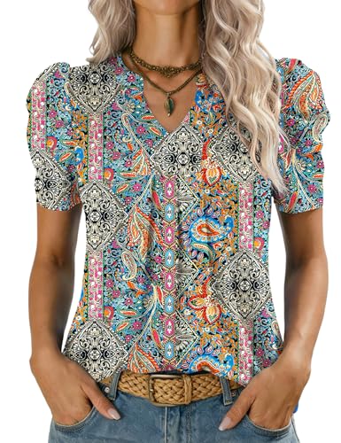 Kistore Bluse Damen Kurzarm T-Shirts Lässige Oberteile mit V-Ausschnitt Tunika Sommer Casual Tunika Tshirt Elegant (Boho L)