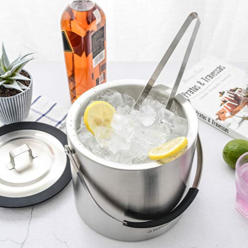 Hilldbond Ice Bucket, 3 Quart Double-Wall Stainless Steel Insulated Champagne Bucket with Airtight Lid & Ice Tong & Carry Handle, Keep Ice Frozen Longer, Great for Home Bar, Chilling Beer and Wine
