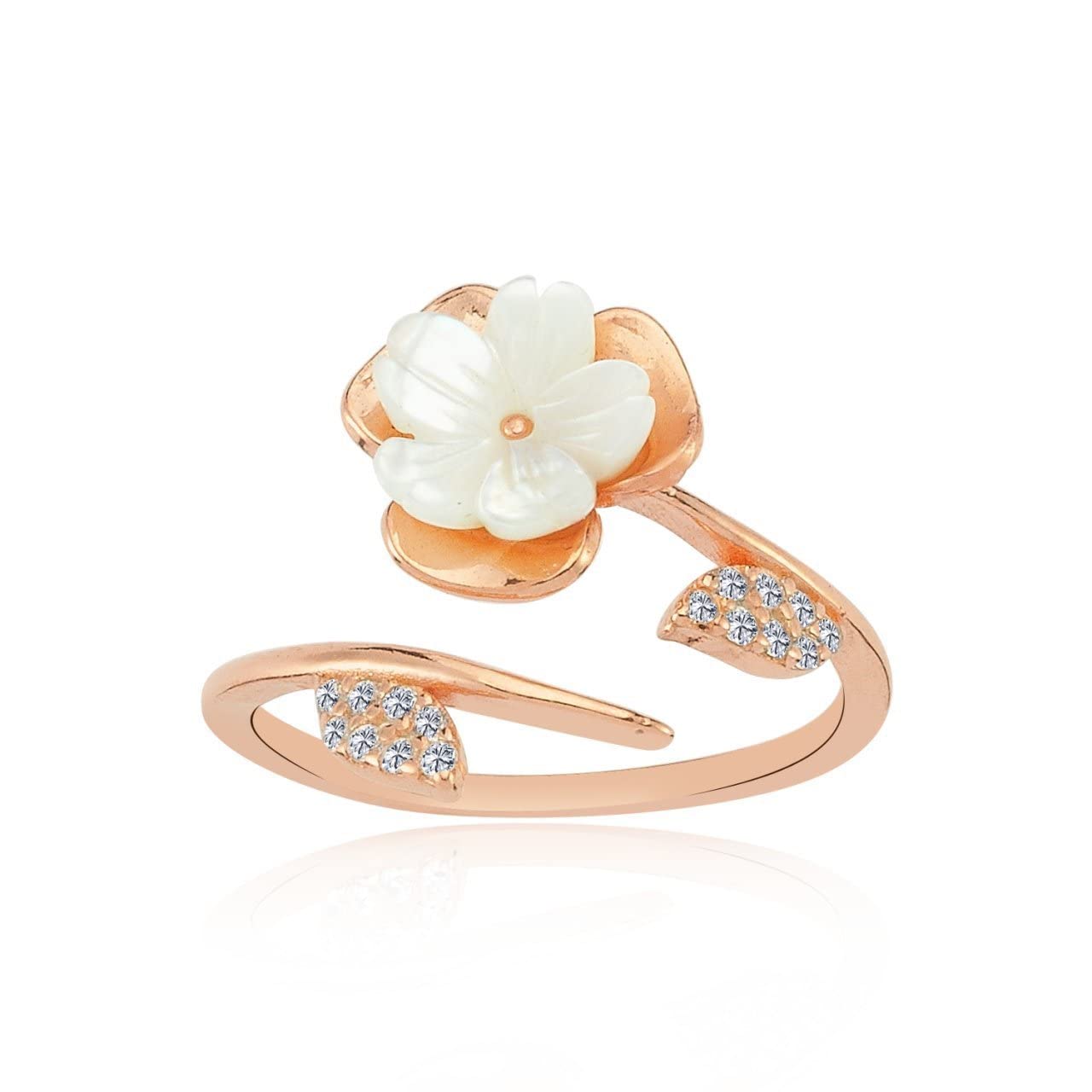 Anello regolabile in argento color oro rosa con motivo a magnolia in fiore ornato di strass
