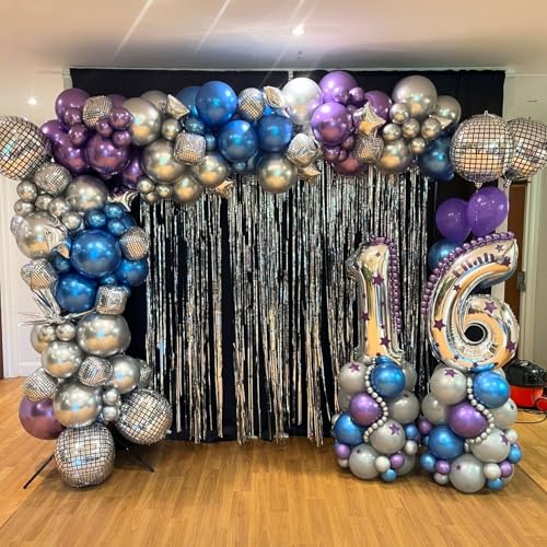 Image of Outer Space Balloons,12 Inch Metallic Black Purple Blue and Silver Confetti Galaxy Balloons,for Kids Birthday Outer Space Theme Party Decorations (Pack of 3)