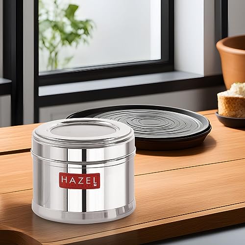 Image of HAZEL Masala Box for Kitchen with Airtight Lid | Stainless Steel Top See Through Storage Containers for Kitchen Air tight, 450 ML