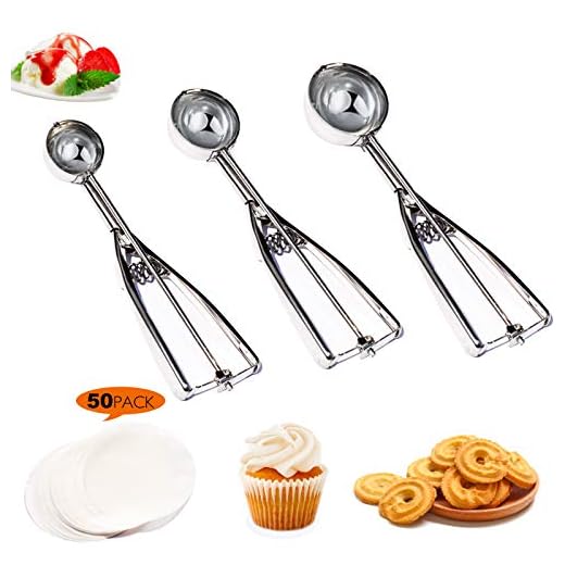 Cookie Scoops for Baking Set of 3, Melon Baller Scoop Tablespoon Scoop Mini Ice Cream Scoop with Large Medium Small Size, Cupcake Scoop with 50 Pcs Parchment Paper