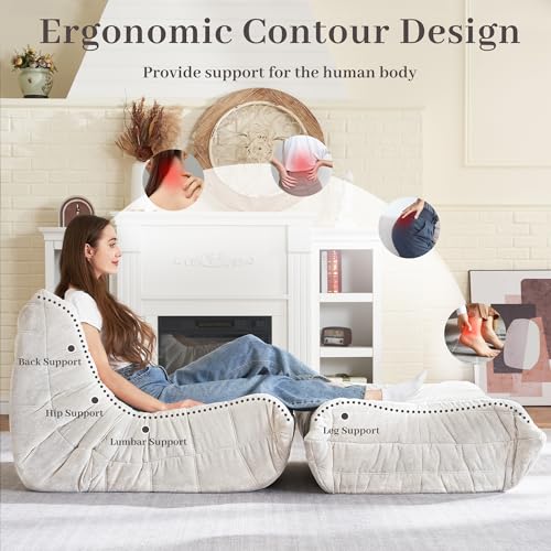 Image of HABUTWAY Bean Bag Ottoman,Memory Foam Foot Rest,Ottoman,Beige | Fireside Chair Ottoman,Memory Foam Lazy Bean Bag Sofa for Living Room,Bedroom,Dorm,Office