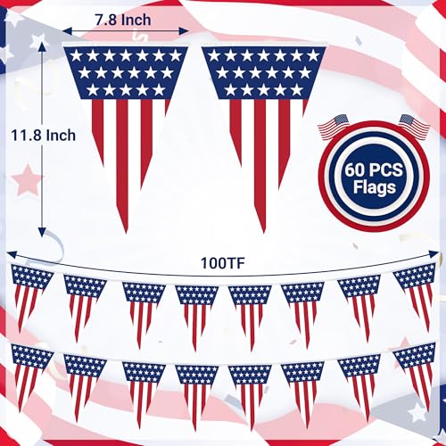 Image of 100FT 4th of July Decorations, 60Pcs Pennant Fourth of July Banner, 7.8 x 11.8 Inches Fourth of July American Flags for Outside 4th of July Accessories Independence Day Patriotic Party Parade Decor