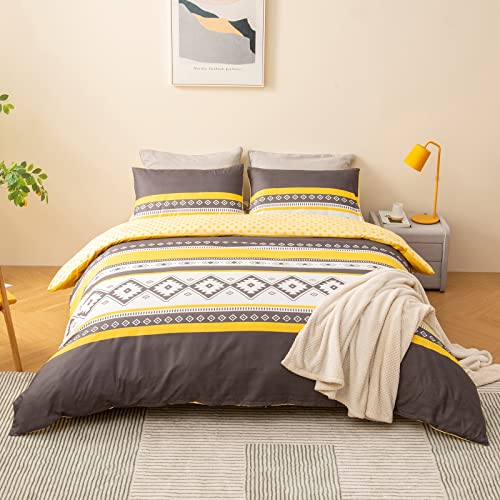 SUCHDECO Housse de Couette 220x240cm Aztec, Parure de lit Jaune et Gris Rhomboïde Géométrique, en Microfibre Doux, Literie Imprimée avec Fermeture Éclair, avec 2 Taies d'oreiller 50x75 cm