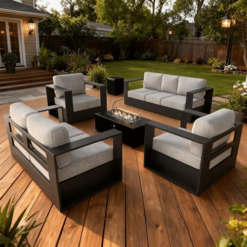 Image of LayinSun Oversized Aluminum Outdoor Furniture Set, 5 Piece Patio Sofa Sets with Fire Pit Table, Deep Seating and Upgraded 6-inch Cushions for Porch, Balcony, Deck