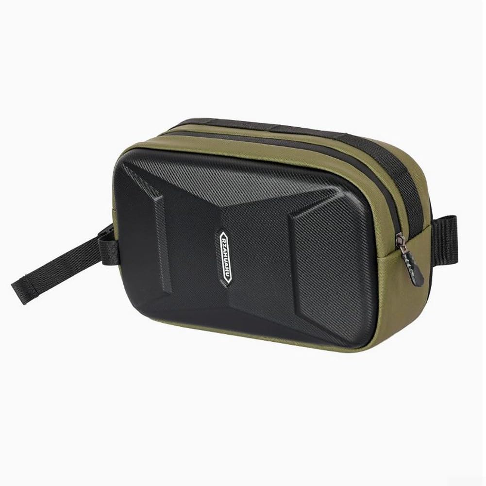 Bike Handlebar Bag with Hard Shell, 3L Cycling Front Pouch for Mountain Road Bike, Leather Film Storage Organizer, Convertible Chest Shoulder Saddle(green)