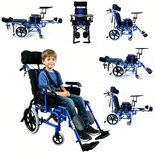 Image of Pediatric Full Reclining Wheelchair, Heavy Duty 220 lbs Capacity Folding Kids Wheelchair, Children's Mobility Wheelchair,Multi-Functional Disabled Children,for Cerebral Palsy (Blue)