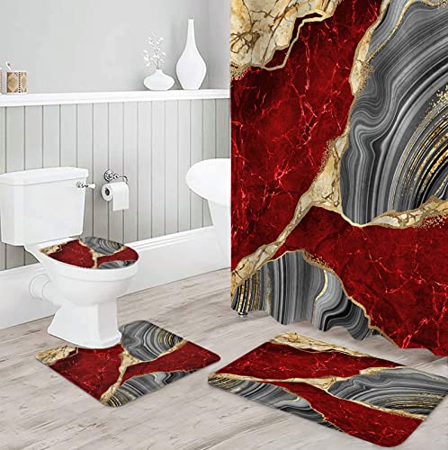 4 Piece Bathroom Set, Red Marble Shower Curtain and Bath Mat Set with Non-Slip Rug, Toilet Lid Cover, Bath Mat, Modern Yellow Grey Ink Painting Abstract Art 66