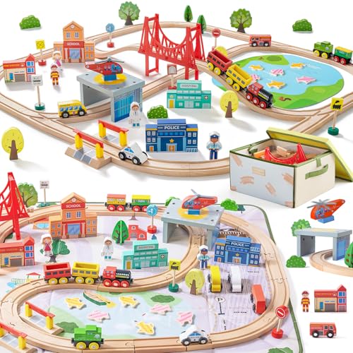 Tiny Land 110pcs Wooden Train Set with Folding Storage Box