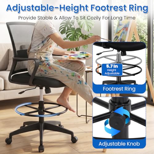 Image of BestOffice Drafting Chair Tall Office Chair Adjustable Swivel Rolling Mesh Height with Lumbar Support Arms Footrest Mid Back for Adults Standing Desk Drafting Stool(Dark Black)
