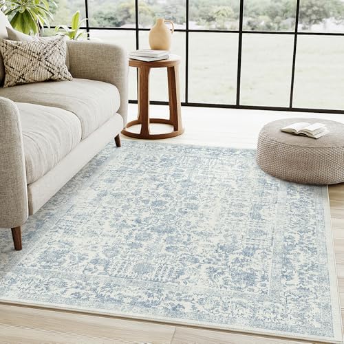 Blue Area Rug 3x5 Office Entryway Rug Machine Washable Kitchen Vintage Distressed Non Slip Carpet Indoor Retro Floral Accent Throw Door Mat for Bathroom Bedroom Dining Living Room