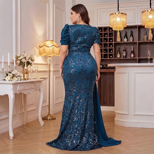 Image of Elegant Women's Formal Dress Wedding Guest Puff Sleeve Mermaid Ball Gowns Court Train Plus Size Sequin Long Dresses