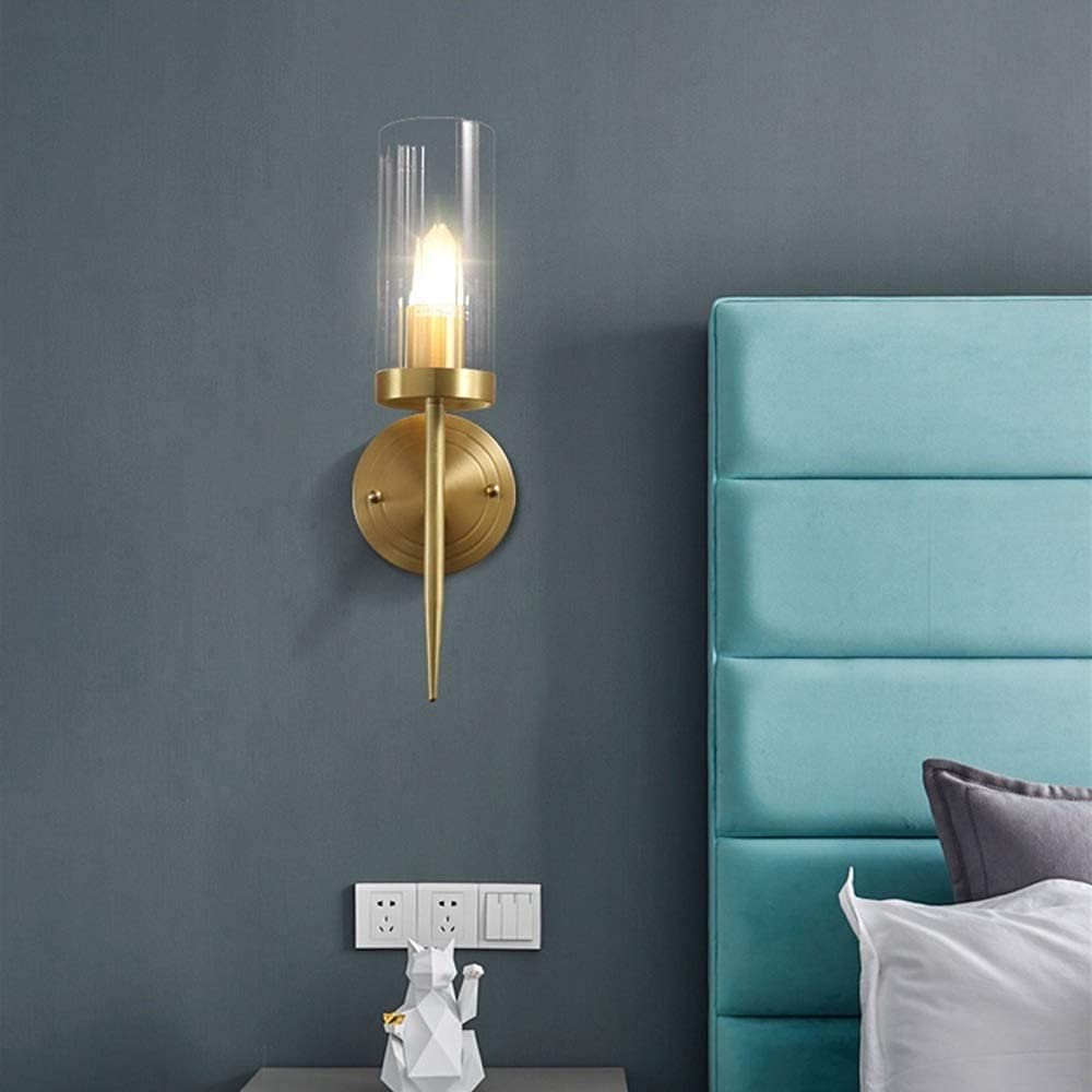 Kinkiety ścienne z miedzianym uchwytem, pojedyncza lampa z cylindrycznym szklanym kloszem, wykończenie mosiężne, 40 cm, stosowane na korytarzach, schodach, w salonach, do czytania