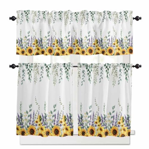 Eucalyptus Leaves Kitchen Curtains 36 Inch Length,3 Piece Rod Pocket Small Half Tiers and Valance Set,Yellow Sunflower Lavender Farmhouse Small Large Window Treatment Decor for Bedroom/Bathroom Sink