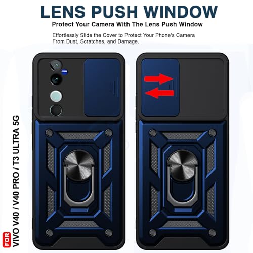 Image of AESTMO Polycarbonate Tough Armor Vivo V40 /V40 Pro /T3 Ultra 5G Bumper Back Case Cover|Ring Holder & Sliding Camera Cover|360 Degree Protection Back Case Cover for Vivo V40 /V40 Pro /T3 Ultra 5G (Blue)