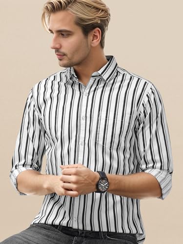 Image of IndoPrimo Men's Cotton Shirt with Spread Collar Neck Line Striped Pattern Full Sleeves Regular Fit Western Style and Standard Length