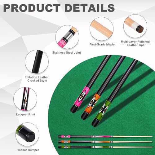 Pool Cue Stick,Pro Cue with Hard Case,Pool Sticks for Adults,Womens Pool Cue,Pool Cues for Men,58inch 19-21oz Billiard Stick Pool Cue Set,Pink/Orange/Green - Image 2