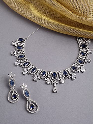 Image of Karatcart Silver Tone Green American Diamond Studded Necklace Set for Women