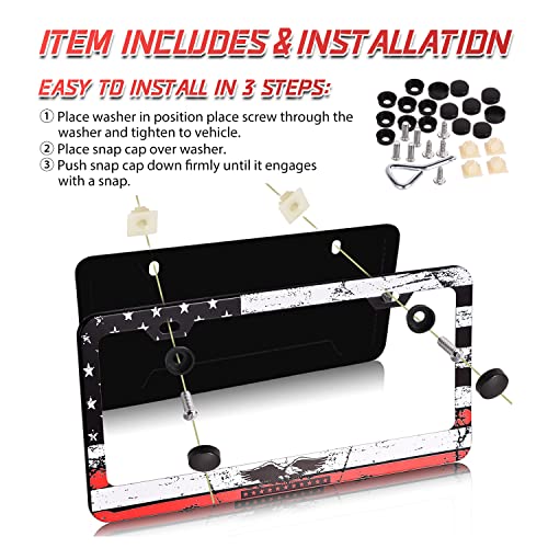 Image of License Plate Frame for U.S.-spec License Plates 2 Pack with Screw Caps, USA Flag with Eagle Style, Newly Upgraded Aluminum Material