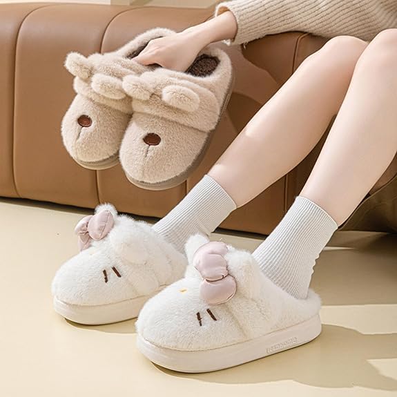 Women's Cute Cartoon Embroidery Bow Decor Plush Slippers,Adorable Fuzzy Cozy Cat Plush Slipper with Dual-Wear Ways4