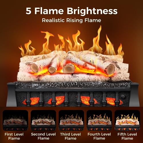 Joy Pebble Electric Fireplace Insert Log Heater 21",750W/1500W Adjustable 5 Flame Brightness,5 Speed Mode,Fireplace Insert with Realistic Ember Bed and Whitish Gray Log,Remote Control