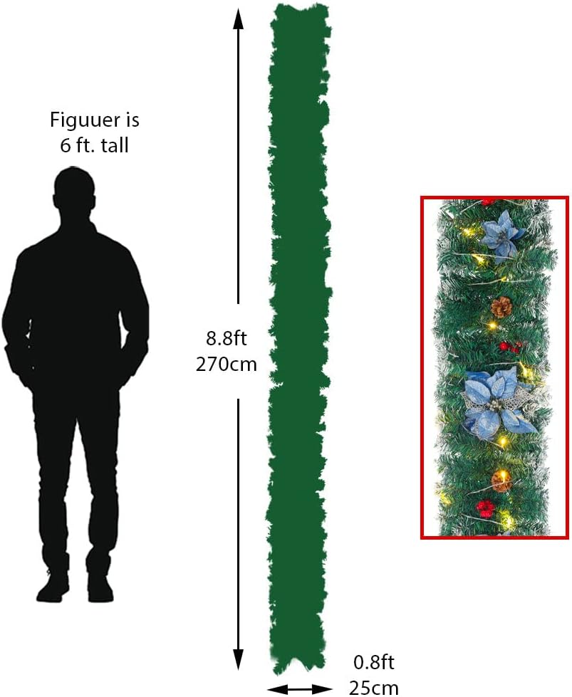 Diagram showing the garland length as 270cm (8.8ft) and width as 25cm (0.8ft), next to a silhouette of a 6ft tall person for scale.