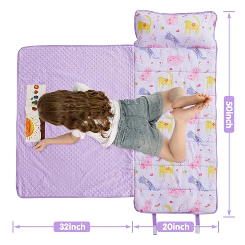 Image of Viviland Toddler Kid Nap Mat for Preschool, Girls Purple Cat Slumber Bag, Daycare Sleeping Bag with Pillow and Blanket, Kindergarten Sleep Mat