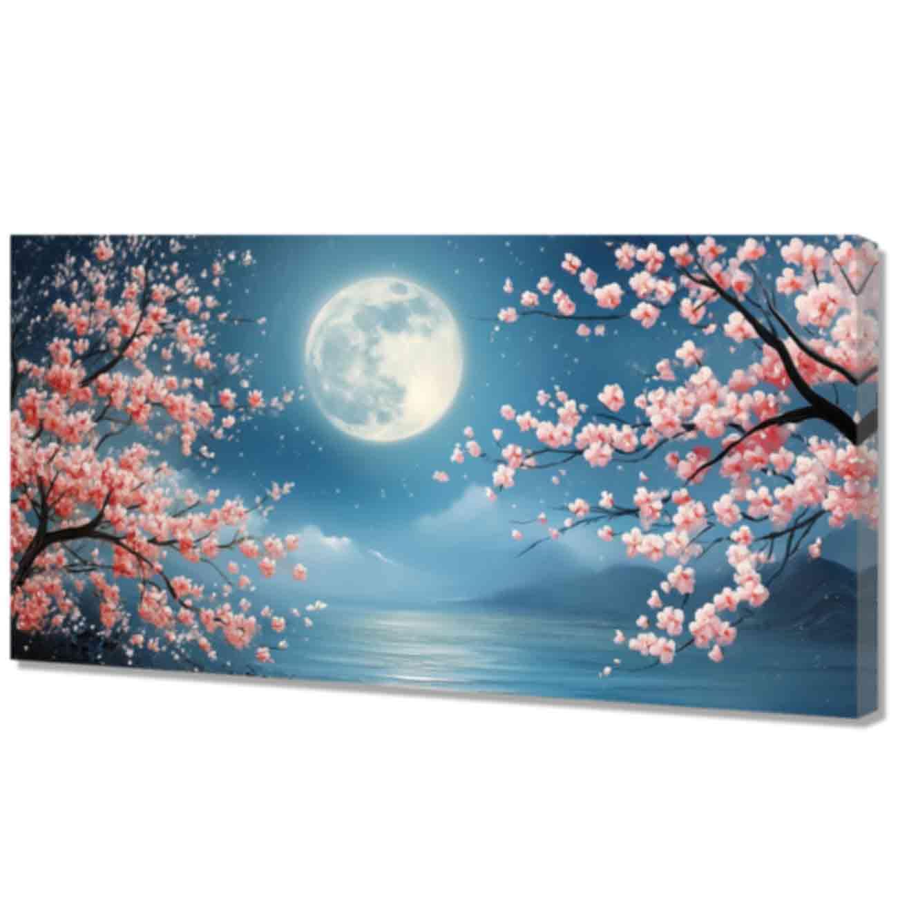 LMYSXAOZ Moon Tree Canvas Wall Art Blue Night Ocean Scenery Picture Pink Cherry Trees Painting Prints Modern Artwork Decor (Pink,40x80cm)