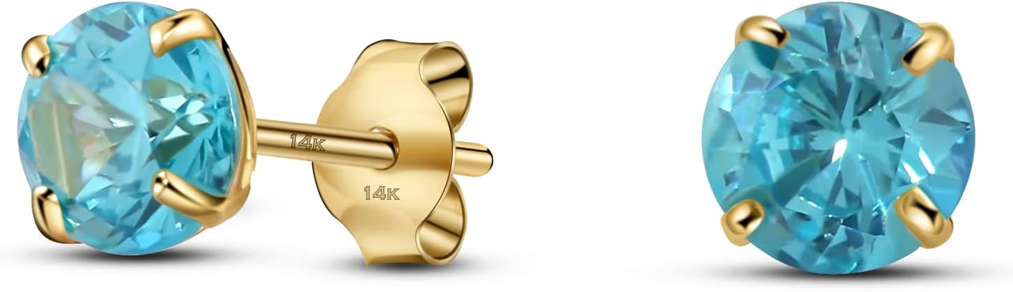Solid 14K Yellow Gold Round Solitaire Simulated-Birthstone Minimalist Stud Earring