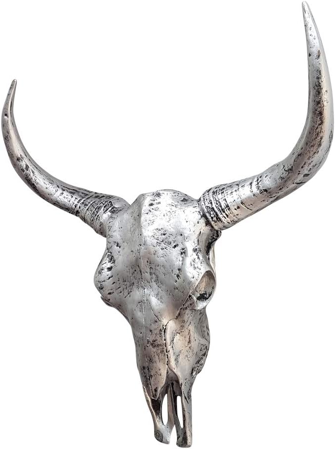 Dasmöbelwerk XXL decorative bull head sculpture, longhorn skull in antique silver, 65 cm