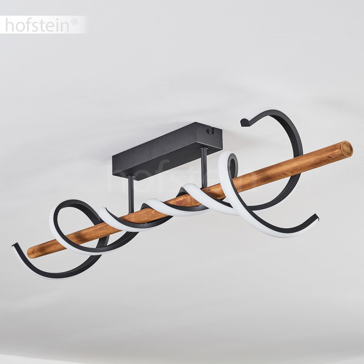 HOFSTEIN LED Deckenleuchte Alvarim, dimmbare Deckenlampe aus Metall/Holz/Kunststoff in Schwarz/Natur/Weiß, moderne Leuchte mit Holzstab, dimmbar über Lichtschalter, 38 Watt, 5200 Lumen, 3000 Kelvin