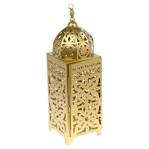 URBNLIVING Gold Metal Patterned Lantern Candle Holder for Tealights & Votive Candles, Moroccan Style Decorative Lantern for Home, Wedding Table Centrepiece, Indoor & Outdoor Use - Large Set of 1
