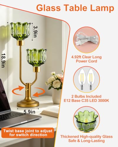 Image of Lightdot Flower Table Lamp for Bedroom Vintage Green Glass Lamp Dimmable