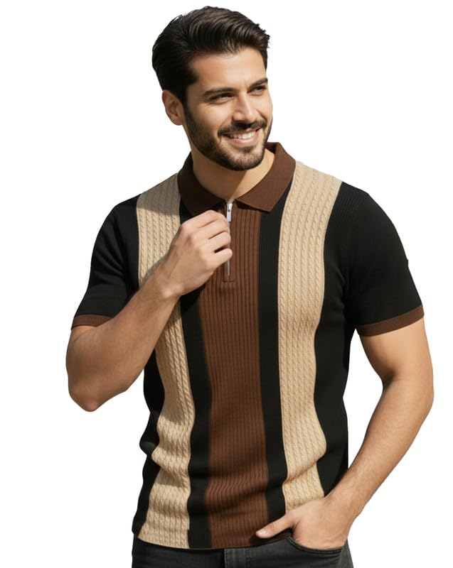 ausk Men's Retro Cable-Knit Quarter-Zip Polo Casual Tshirts | Premium Textured Colorblock Self-Design Half Sleeve T-Shirt for Men-picture-21