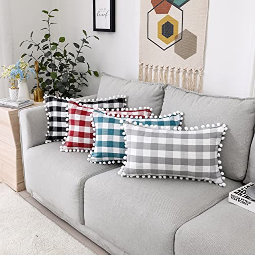 Zjdecor Gray Buffalo Plaid Checkered Pillow Covers Set Of 2, Retro Farmhouse Rustic Throw Pillow Cases Cushion Case Pillow Shams With Pom-Poms For Sofa Couch Bedroom, 12" X 20", Grey And White #TOP5