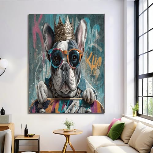 Cuadros decorativos para salón de bulldog francés con corona, lienzo grafiti turquesa de 60x90