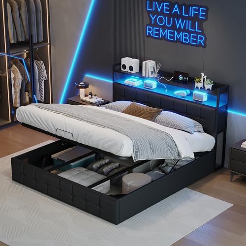 KSFASHZ Cama Tapizada 140x190 con Almacenamiento Hidráulico,Camas Matrimoniales de 140x190 con LED y USB, Cama Canape con Cabecero y Somier de Láminas (PU,Negro)