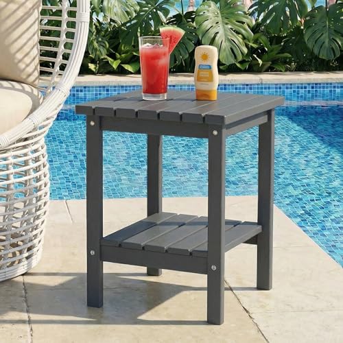 PASAMIC Outdoor Side Table, 2-Tier Storage Patio Side Table, HDPE Adirondack Side Table, Weather Resistant Square Small Outdoor Table for Patio, Backyard, Pool & Garden, Grey