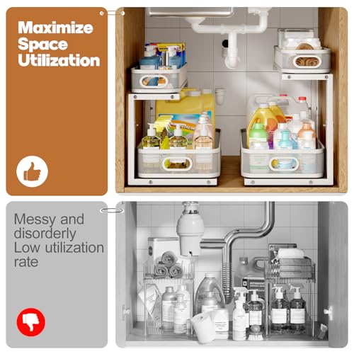 Image of 2 Pack 19.3IN-Depth Under Sink Organizer with Smooth Cylindrical Rail,2-Tier Pull Out Multi-Purpose Cabinet Storage for Bathroom&Kitchen,Height Adjustable,Rust-Resistant Coating-White