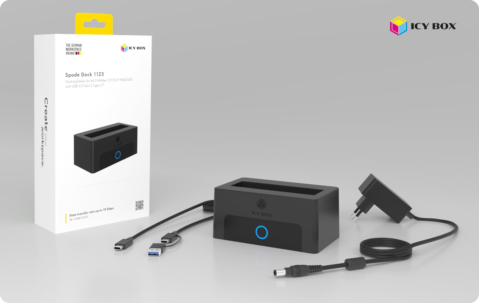 ICY Box Station d’Accueil pour M.2 NVMe & HDD/SSD 2,5"/3,5", USB 3.2 Gen 2 Type-C (10 Gbit/s), HotSwap, UASP, Dock SATA & NVMe pour SSD et disques durs, IB-1123M-CU31, Spade Dock 1123