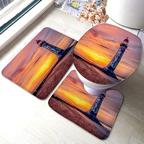 Set 3 Teilig Badvorleger Leuchtturm Fantasie Sonnenuntergang Wolken Natur Landschaft Badezimmer Set...